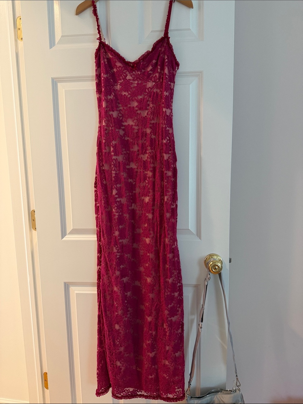 Feminine Lace Maxi Slip Dress in Deep Magenta